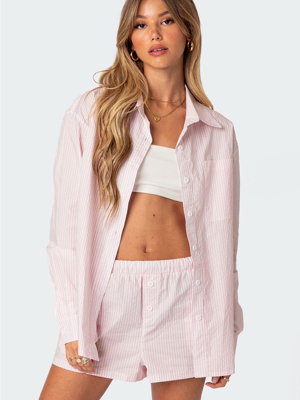 NWT EDIKTED Pink Pinstripe Pajama Set XS Oversized Button Up Boxer Shorts
